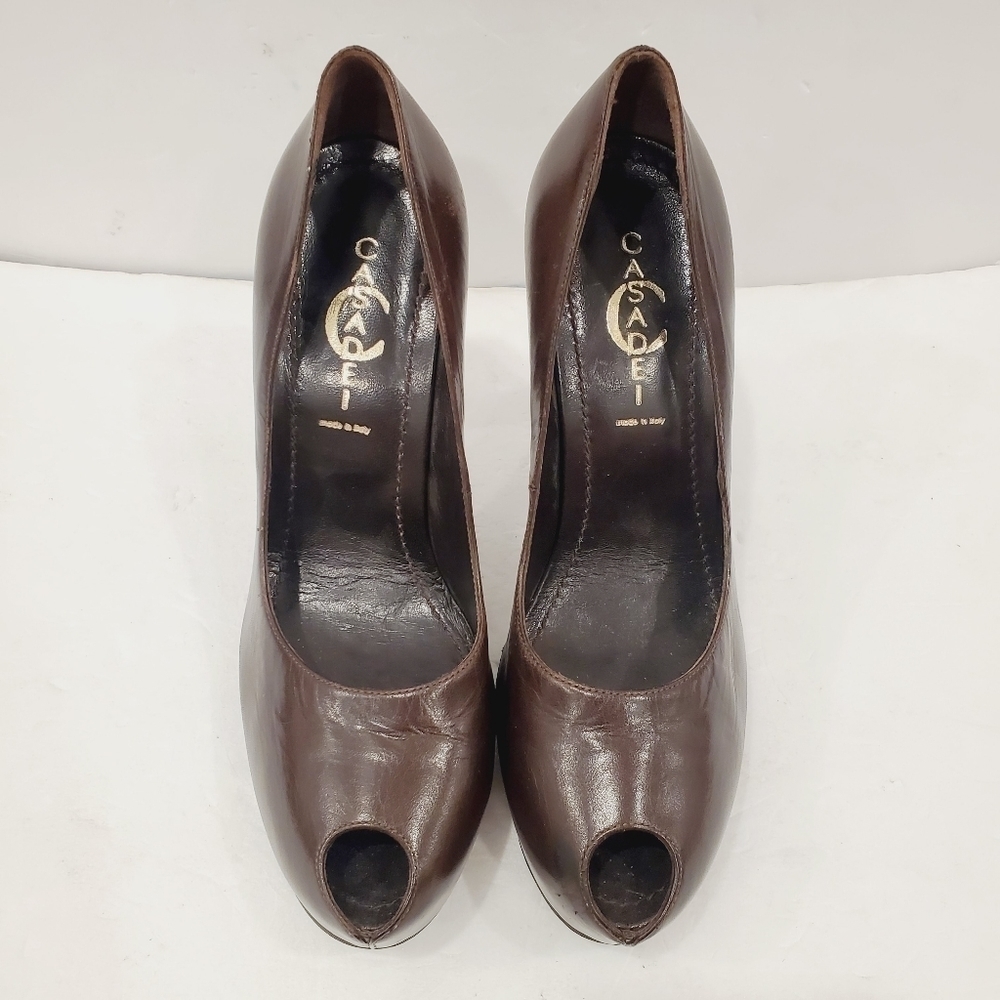 NEW Casadei Brown Leather Peep Toe Heels - Picture 2 of 5